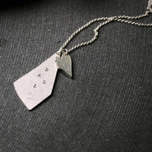 Load image into Gallery viewer, triangular shaped silver pendant with stamped initials and a chunky heart
