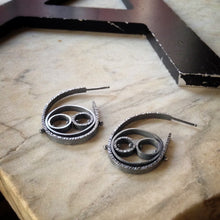 Load image into Gallery viewer, oxidized sterling silver hoop earrings with three textured circles
