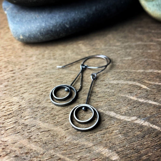 Oxidized sterling silver kinetic dangle earrings with ear wires