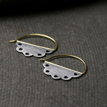 Load image into Gallery viewer, scalloped edge sterling silver hoop earrings with holes and gold ear wires
