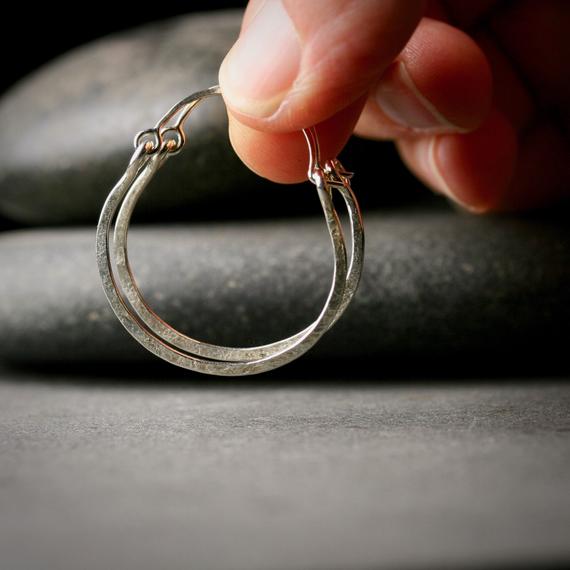 hammered sterling silver hoop earrings with a latching ear wire