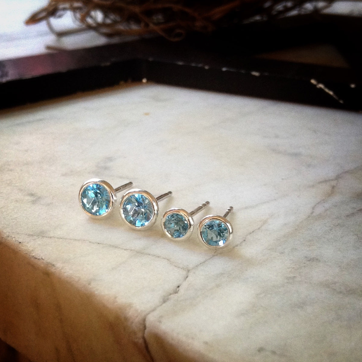5mm and 4mm Swiss blue topaz bezel set earrings 