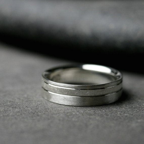6mm sterling silver band with offset textured stripe