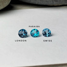 Load image into Gallery viewer, London, paraiba and Swiss topaz together for comparison
