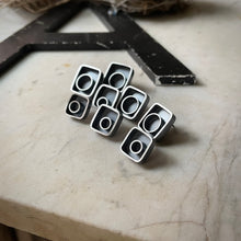 Load image into Gallery viewer, a group of all 4 pairs of asymmetrical earrings.  They have a square shape with a circle off center.
